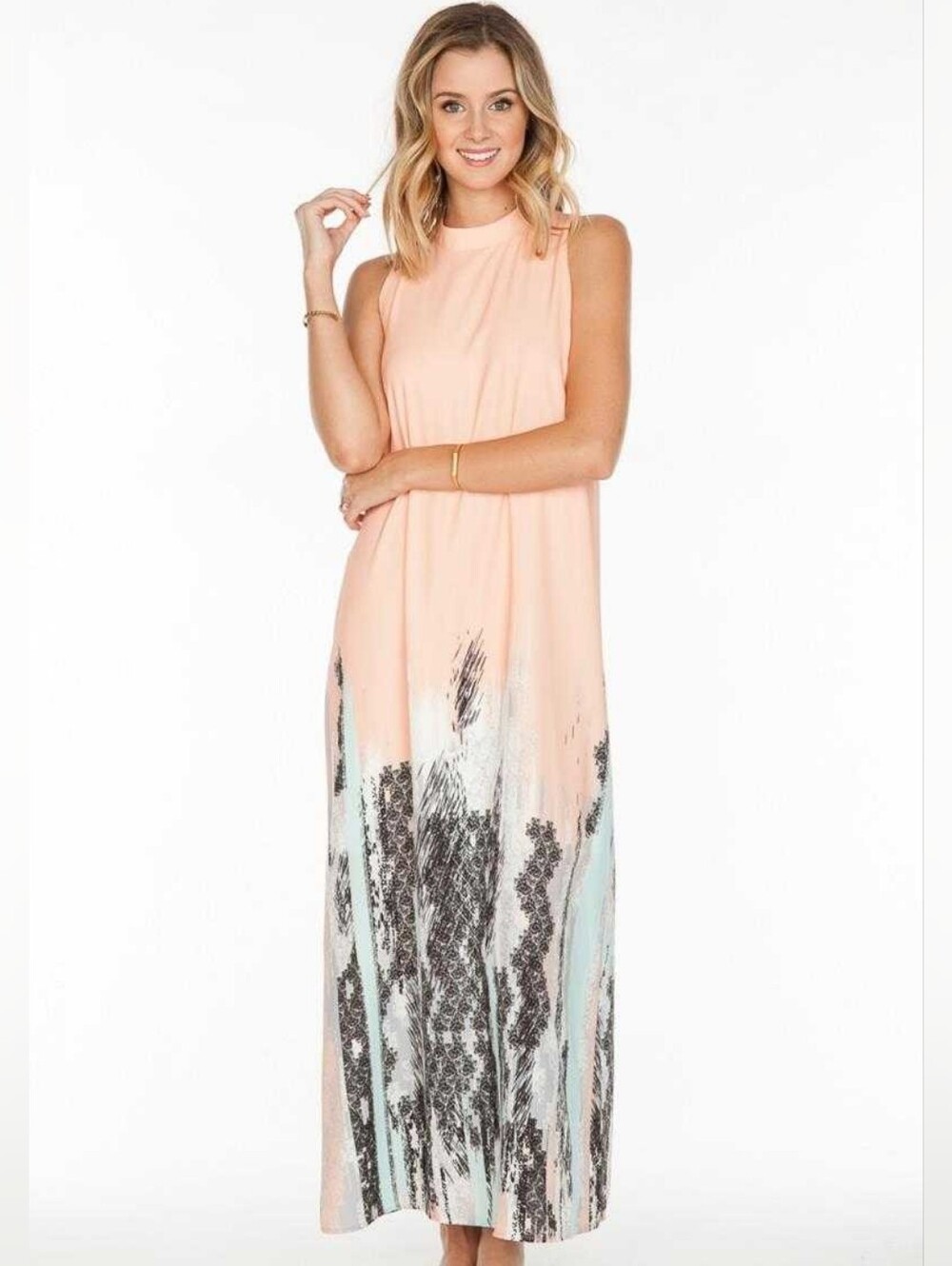 NWT Everly Mock Neck Border Print MaxI Dress